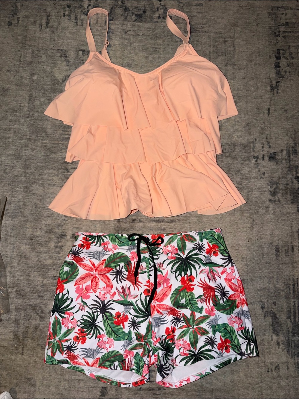 Peach Ruffle Swim Top and Tropical Print Swim Shorts, size 2XL